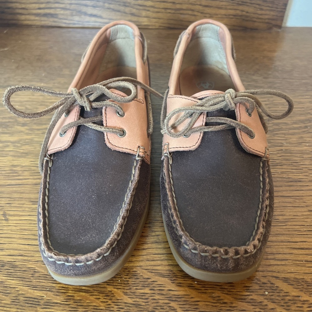 Women's ARIAT YUMA Brown Peach Leather Moc Boat Shoe #10012908 Size 9b Preowned